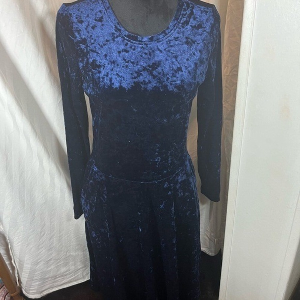 Fensace Royal Blue Crushed Velvet Long Sleeve Midi Dress with Pockets Size L